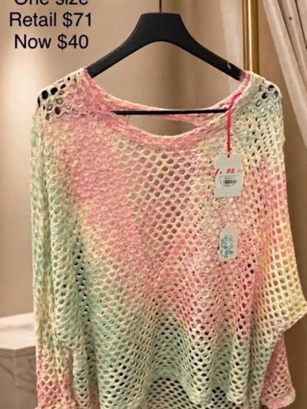 Women’s Pink Green White Colorblock Crochet Sheer Lightweight Round Neck Top One